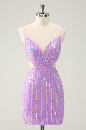 Glitter Purple Tight Sequined V Neck Short Graduation Dress