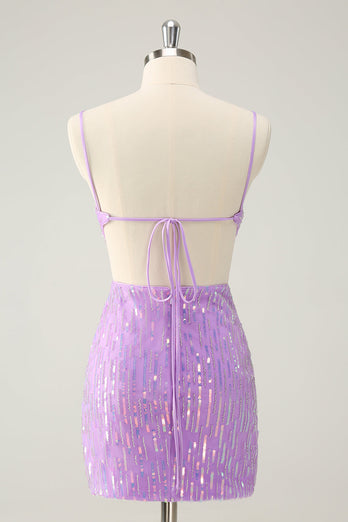 Glitter Purple Tight Sequined V Neck Short Graduation Dress