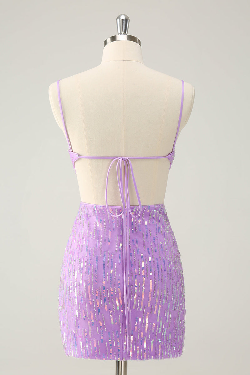 Load image into Gallery viewer, Glitter Purple Tight Sequined V Neck Short Graduation Dress