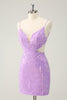 Load image into Gallery viewer, Glitter Purple Tight Sequined V Neck Short Graduation Dress