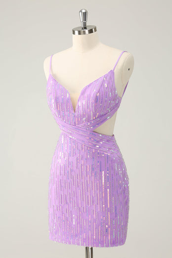 Glitter Purple Tight Sequined V Neck Short Graduation Dress