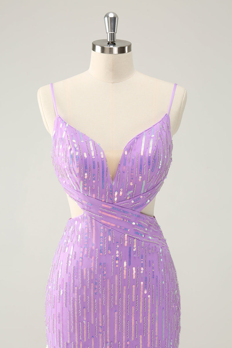 Load image into Gallery viewer, Glitter Purple Tight Sequined V Neck Short Graduation Dress