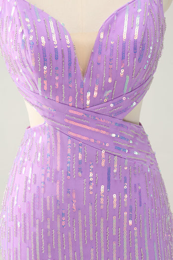 Glitter Purple Tight Sequined V Neck Short Graduation Dress