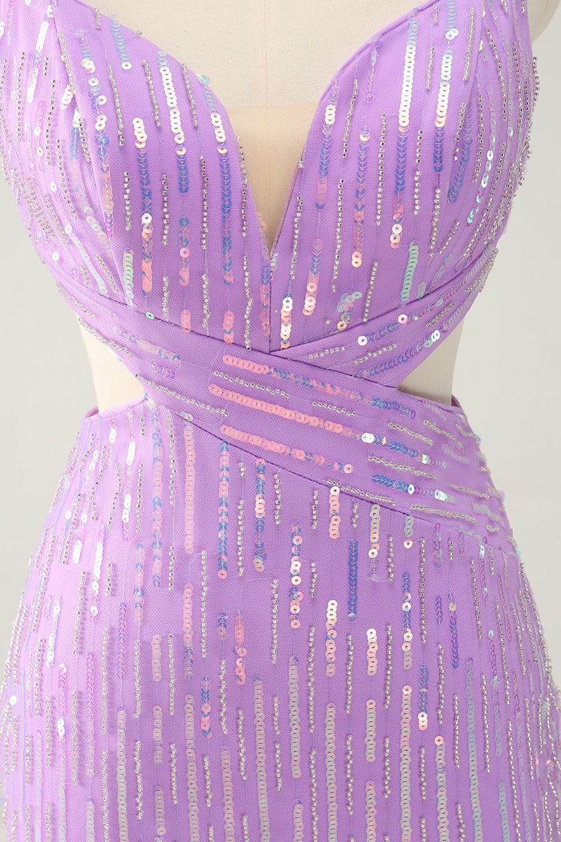 Load image into Gallery viewer, Glitter Purple Tight Sequined V Neck Short Graduation Dress