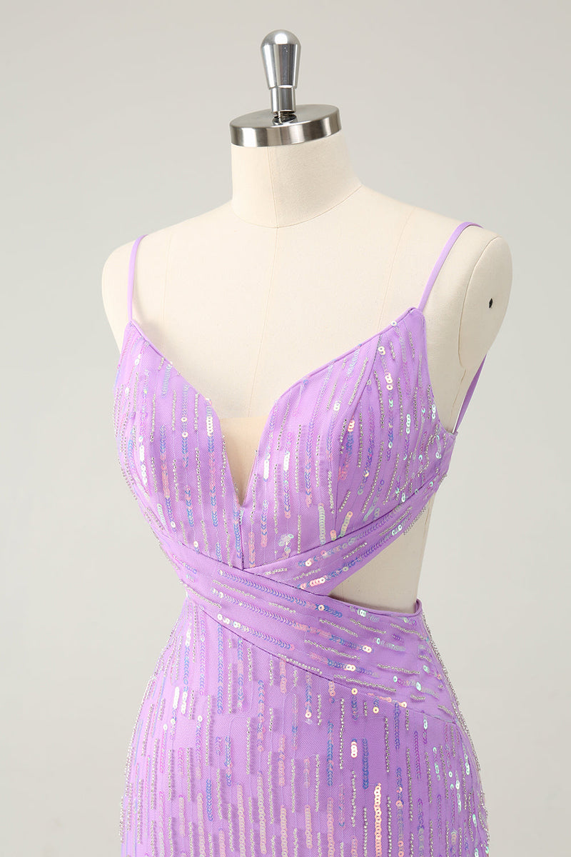 Load image into Gallery viewer, Glitter Purple Tight Sequined V Neck Short Graduation Dress