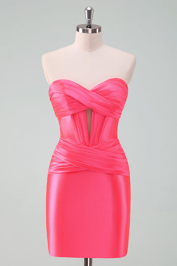 Fuchsia Bodycon Sweetheart Satin Corset Short Graduation Dress