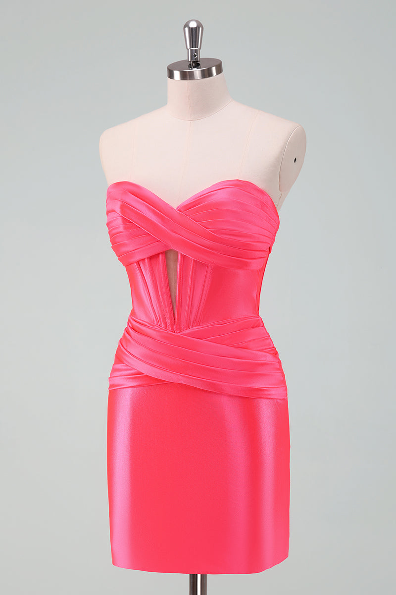 Load image into Gallery viewer, Fuchsia Bodycon Sweetheart Satin Corset Short Graduation Dress