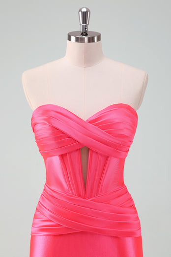 Fuchsia Bodycon Sweetheart Satin Corset Short Graduation Dress