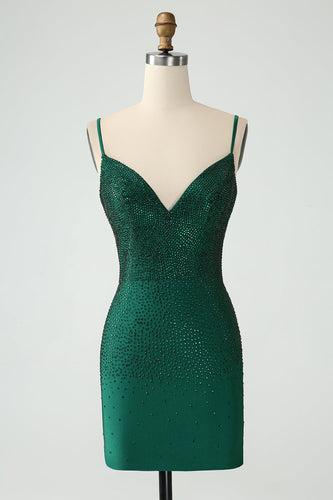 Dark Green Bodycon Spagehtti Straps Backless Homecoming Dress with Beading