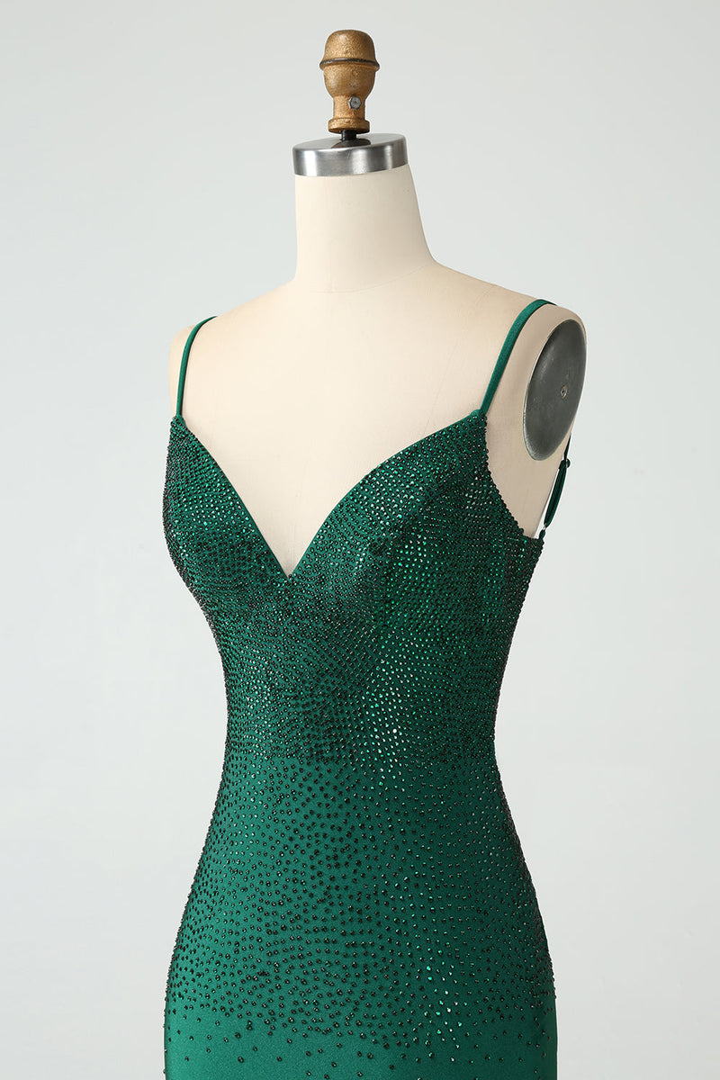 Load image into Gallery viewer, Dark Green Bodycon Spagehtti Straps Backless Graduation Dress with Beading