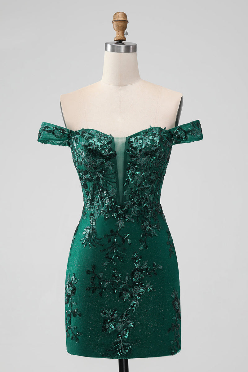 Load image into Gallery viewer, Sparkly Dark Green Off The Shoulder Tight Short Graduation Dress with Sequins