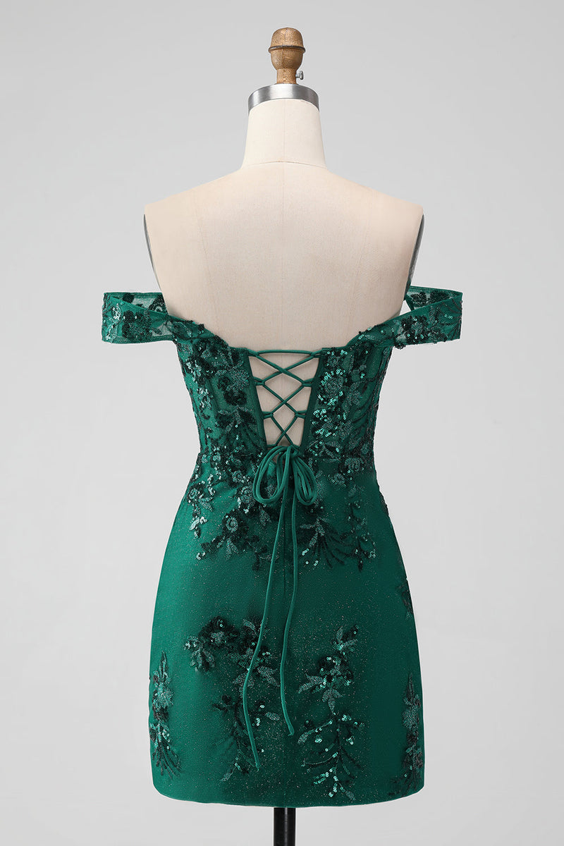 Load image into Gallery viewer, Sparkly Dark Green Off The Shoulder Tight Short Graduation Dress with Sequins