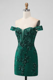 Sparkly Dark Green Off The Shoulder Tight Short Graduation Dress with Sequins