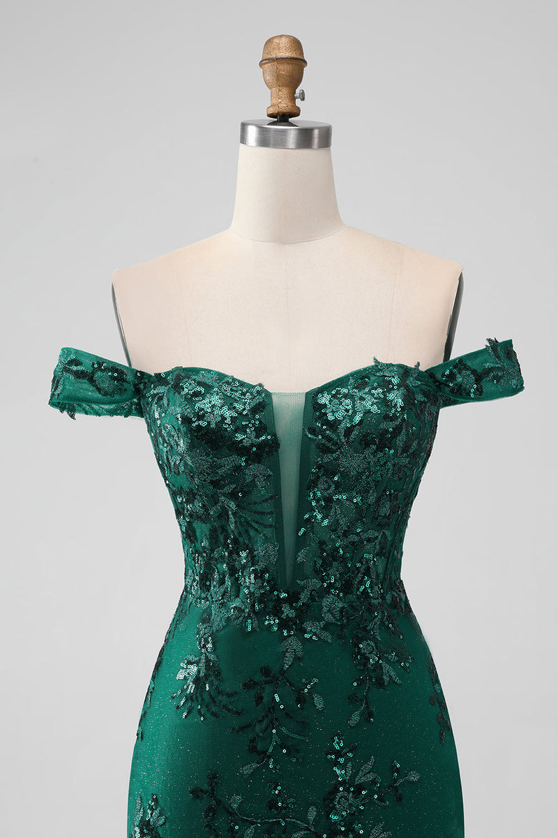 Load image into Gallery viewer, Sparkly Dark Green Off The Shoulder Tight Short Graduation Dress with Sequins