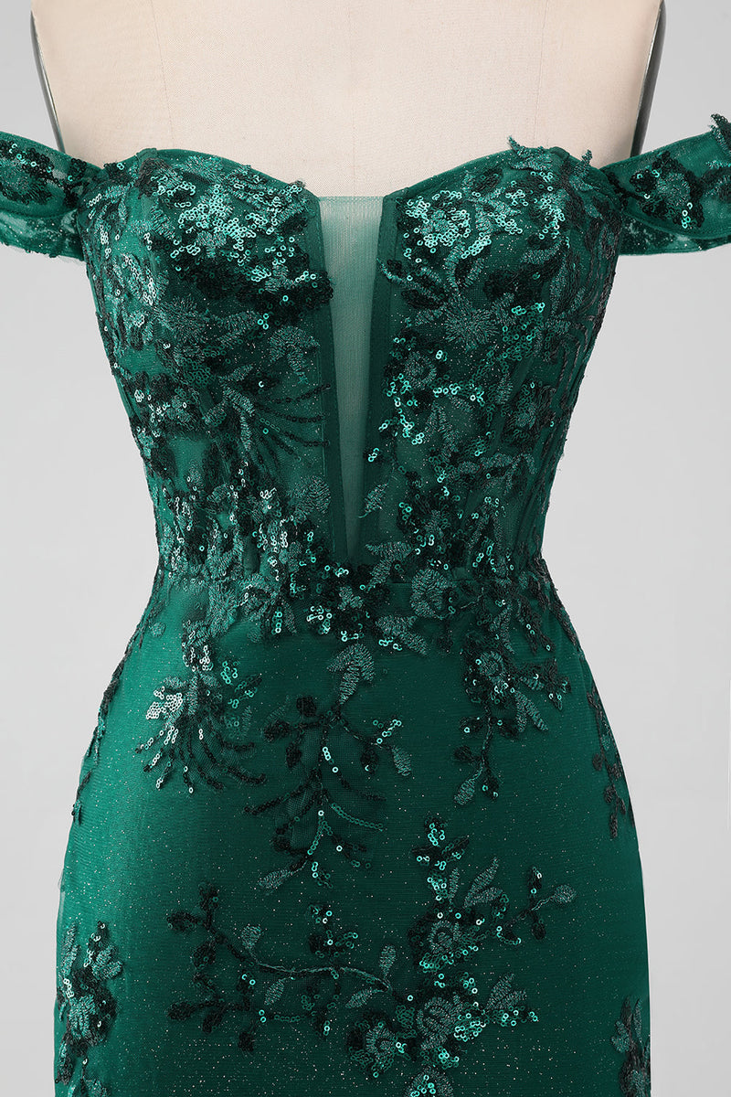 Load image into Gallery viewer, Sparkly Dark Green Off The Shoulder Tight Short Graduation Dress with Sequins