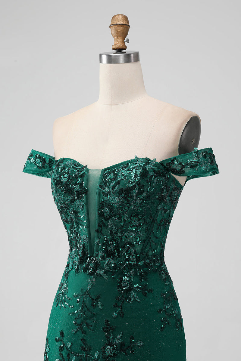 Load image into Gallery viewer, Sparkly Dark Green Off The Shoulder Tight Short Graduation Dress with Sequins