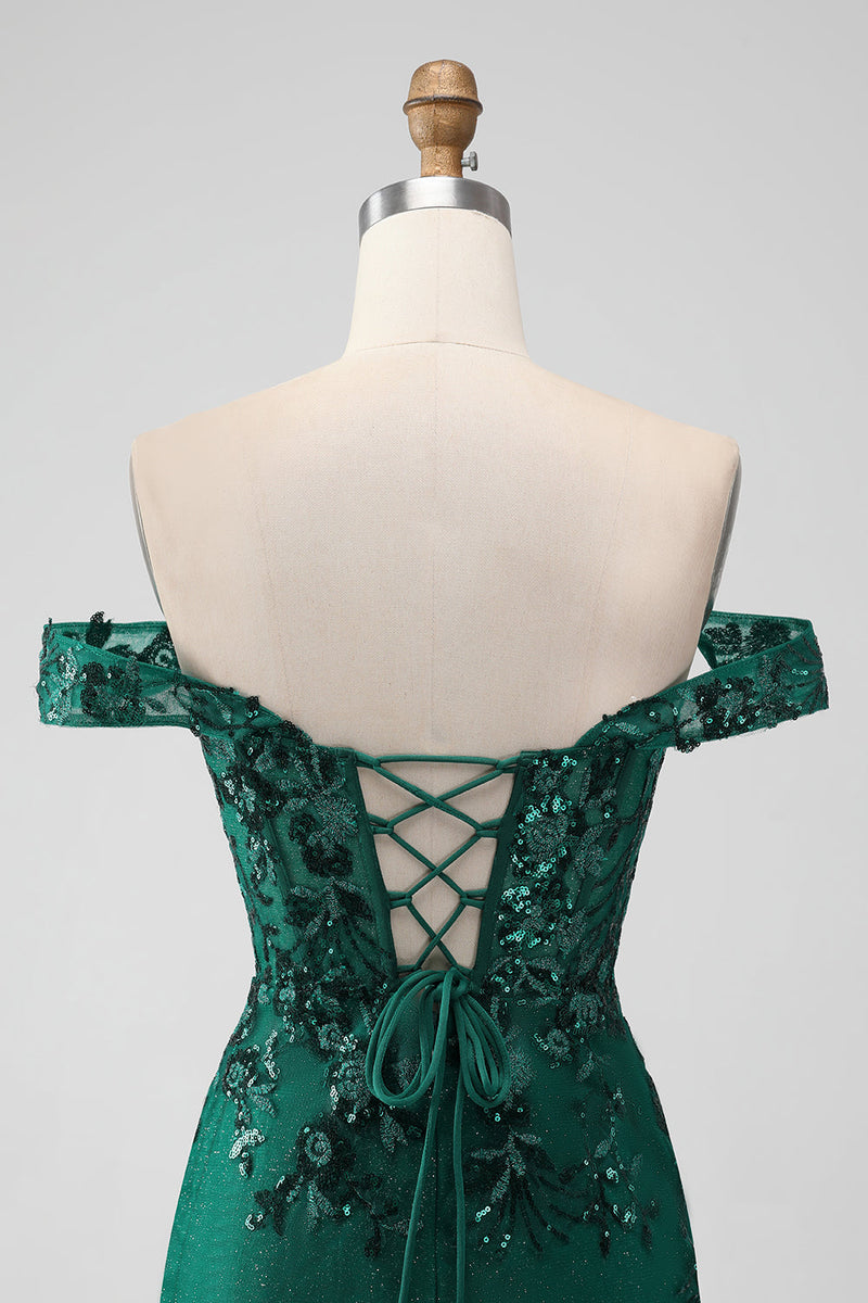 Load image into Gallery viewer, Sparkly Dark Green Off The Shoulder Tight Short Graduation Dress with Sequins