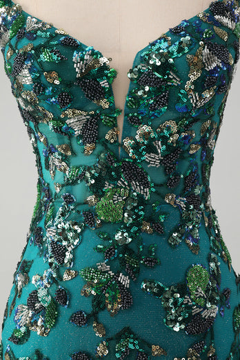 Sparkly Dark Green Beaded Sequins Bodycon Graduation Dress with Lace-up Back