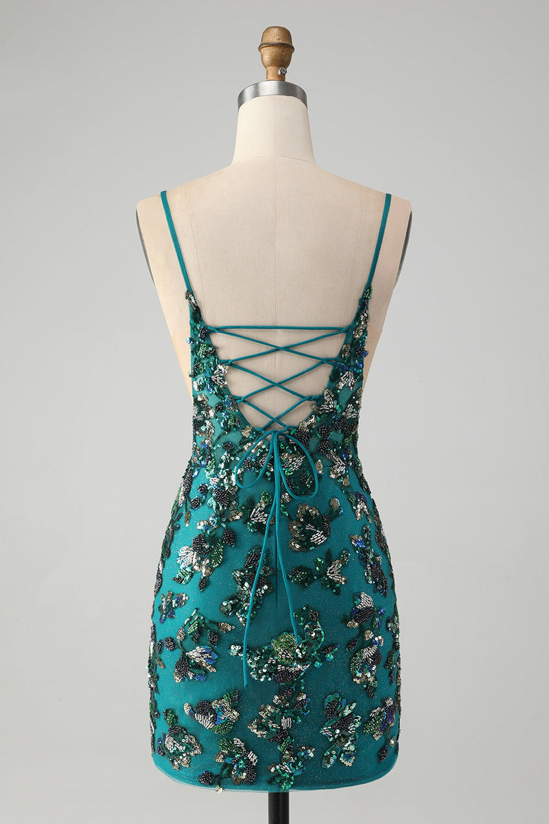Load image into Gallery viewer, Sparkly Dark Green Beaded Sequins Bodycon Graduation Dress with Lace-up Back