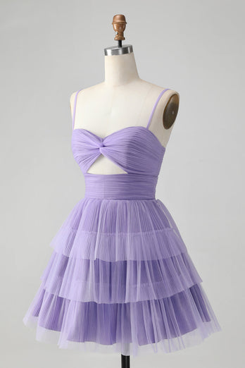 Cute Purple A Line Spaghetti Straps Tulle Tiered Short Graduation Dress