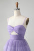 Load image into Gallery viewer, Cute Purple A Line Spaghetti Straps Tulle Tiered Short Graduation Dress