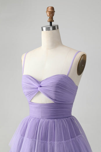 Cute Purple A Line Spaghetti Straps Tulle Tiered Short Graduation Dress