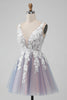 Load image into Gallery viewer, Elegant Grey Pink A Line V Neck Short Graduation Dress with Floral Appliques