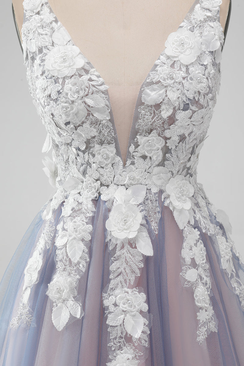 Load image into Gallery viewer, Elegant Grey Pink A Line V Neck Short Graduation Dress with Floral Appliques