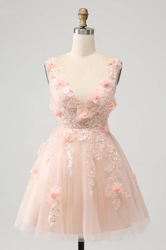Elegant Blush A Line V Neck Sequins Short Graduation Dress with 3D Flowers