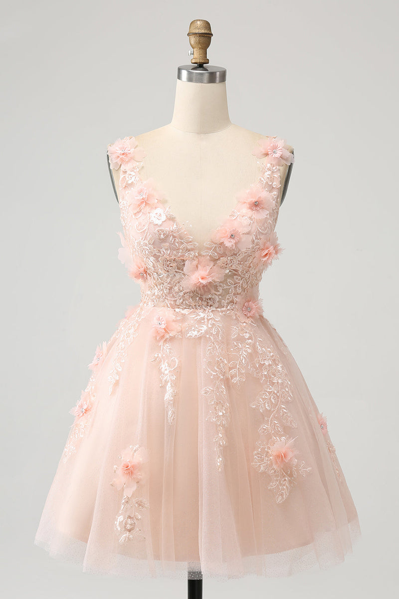 Load image into Gallery viewer, Elegant Blush A Line V Neck Sequins Short Graduation Dress with 3D Flowers