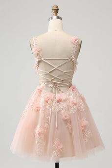 Elegant Blush A Line V Neck Sequins Short Graduation Dress with 3D Flowers