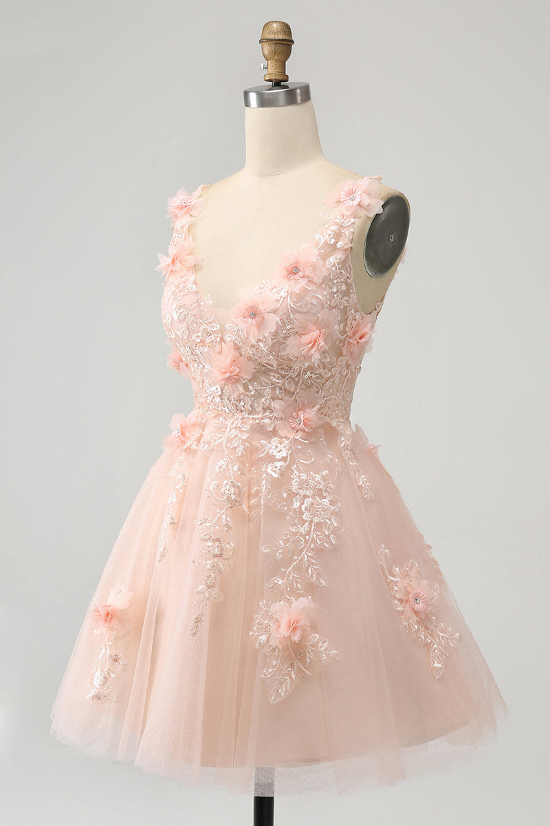 Load image into Gallery viewer, Elegant Blush A Line V Neck Sequins Short Graduation Dress with 3D Flowers