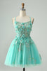 Load image into Gallery viewer, Green A Line Sequins Corset Short Tulle Graduation Dress with Appliques