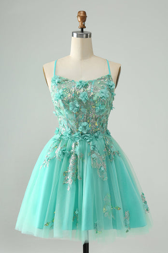 Green A Line Sequins Corset Short Tulle Graduation Dress with Appliques