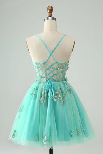 Green A Line Sequins Corset Short Tulle Graduation Dress with Appliques