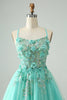 Load image into Gallery viewer, Green A Line Sequins Corset Short Tulle Graduation Dress with Appliques