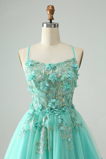 Green A Line Sequins Corset Short Tulle Graduation Dress with Appliques