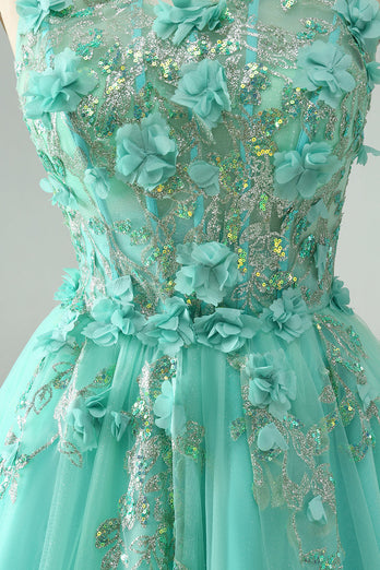 Green A Line Sequins Corset Short Tulle Graduation Dress with Appliques