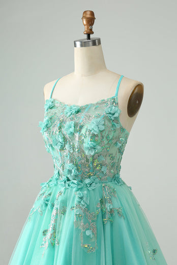 Green A Line Sequins Corset Short Tulle Graduation Dress with Appliques