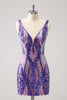 Load image into Gallery viewer, Sparkly Dark Purple Sequined Tight V Neck Graduation Dress