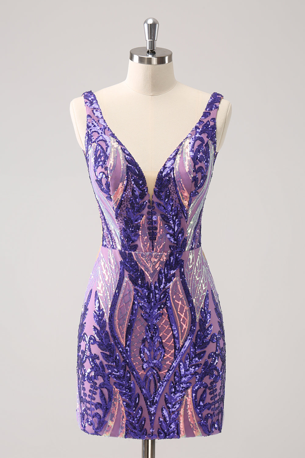 Sparkly Dark Purple Sequined Tight V Neck Graduation Dress