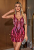 Load image into Gallery viewer, Glitter Fuchsia V Neck Tight Backless Short Graduation Dress with Sequins