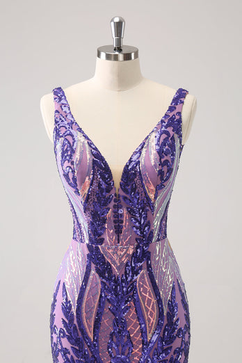 Sparkly Dark Purple Sequined Tight V Neck Graduation Dress