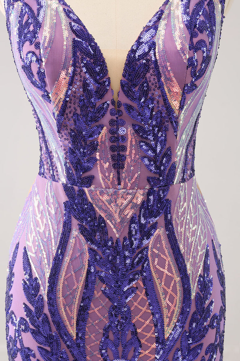 Load image into Gallery viewer, Sparkly Dark Purple Sequined Tight V Neck Graduation Dress