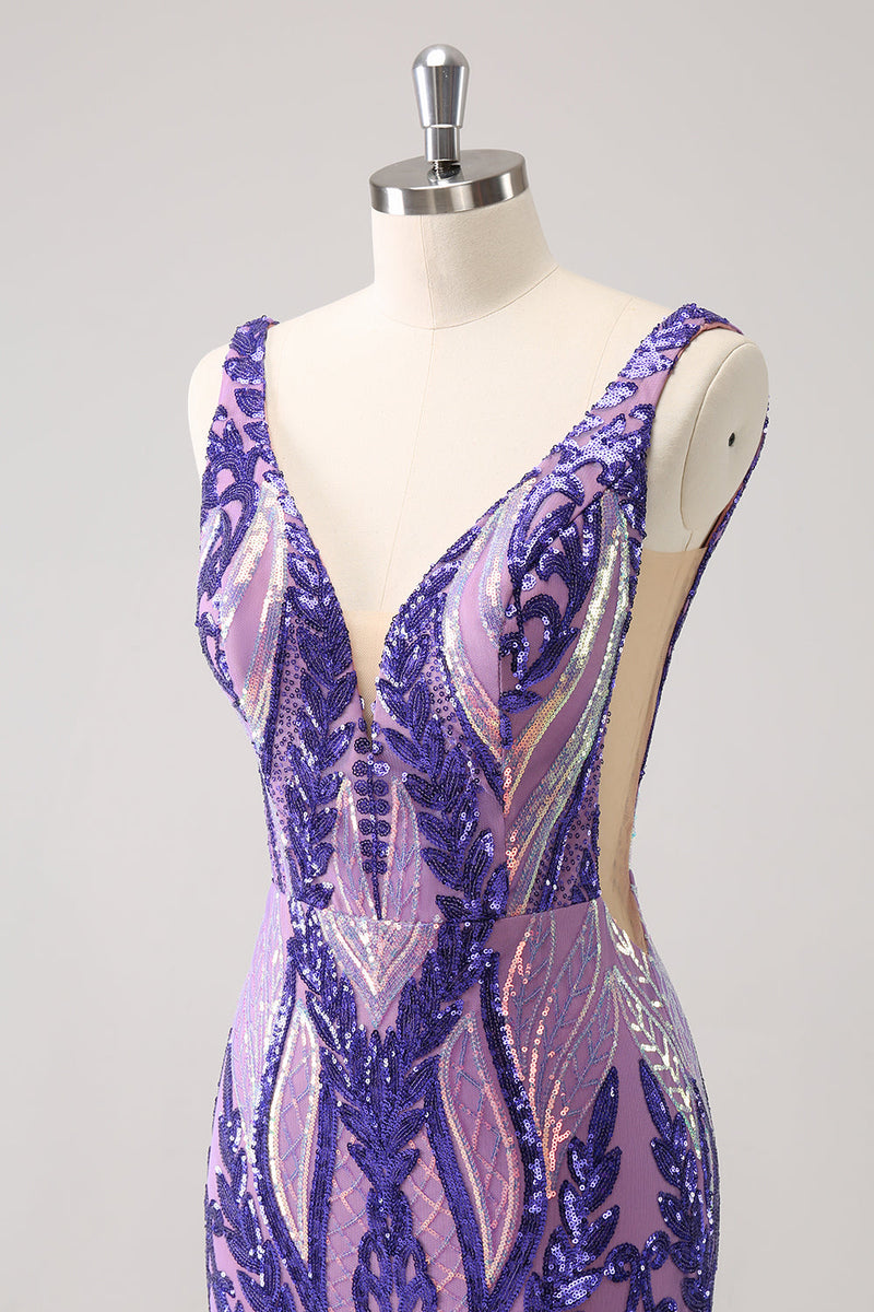 Load image into Gallery viewer, Sparkly Dark Purple Sequined Tight V Neck Graduation Dress