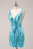 Load image into Gallery viewer, Sparkly Blue Tight V Neck Short Graduation Dress with Sequins