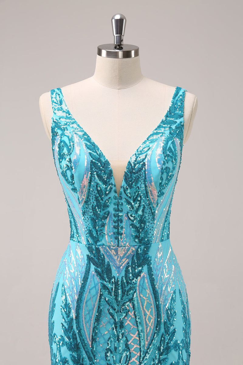 Load image into Gallery viewer, Sparkly Blue Tight V Neck Short Graduation Dress with Sequins