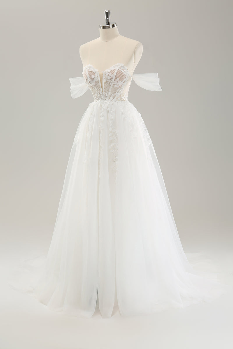 Load image into Gallery viewer, Princess Off The Shoulder Sweep Train Tulle Corset Wedding Dress with Appliques