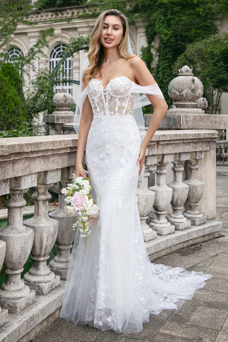 Load image into Gallery viewer, Sparkly White Off the Shoulder Corset Mermaid Tulle Wedding Dress with Sequins