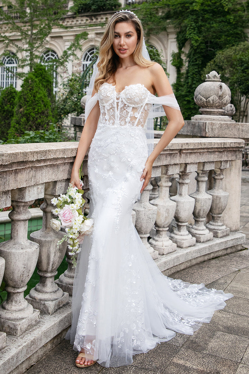 Load image into Gallery viewer, Sparkly White Off the Shoulder Corset Mermaid Tulle Wedding Dress with Sequins